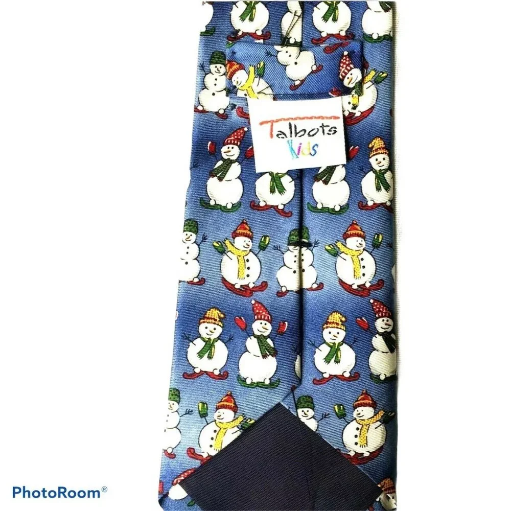 Talbots Kids Boys Neck Tie‎ Blue Snowman Holiday Christmas Printed 100% Silk New